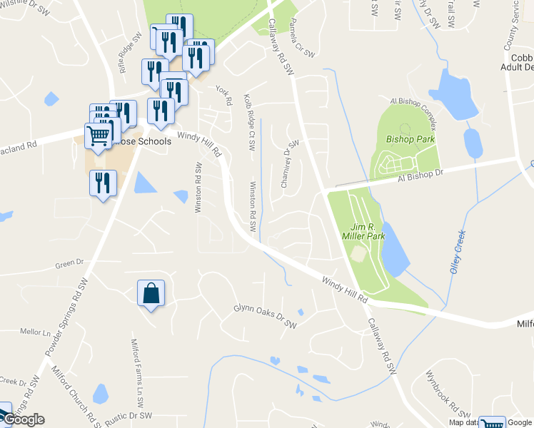 map of restaurants, bars, coffee shops, grocery stores, and more near 2112 Corsica Way Southwest in Marietta