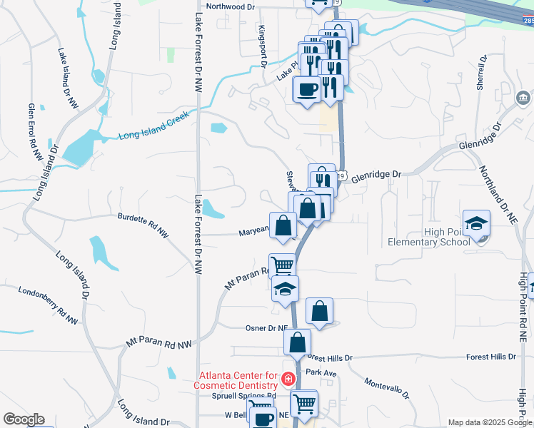map of restaurants, bars, coffee shops, grocery stores, and more near 120 Maryeanna Drive Northeast in Atlanta