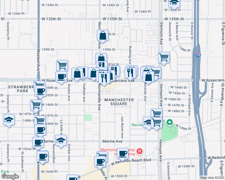 map of restaurants, bars, coffee shops, grocery stores, and more near 14414 Strawberry Lane in Gardena