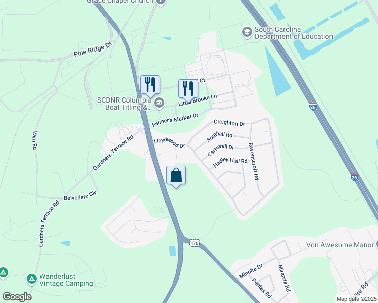 map of restaurants, bars, coffee shops, grocery stores, and more near 118 Lloydwood Drive in West Columbia