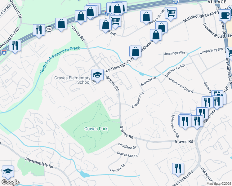 map of restaurants, bars, coffee shops, grocery stores, and more near 6622 Ramgates Way Northwest in Norcross