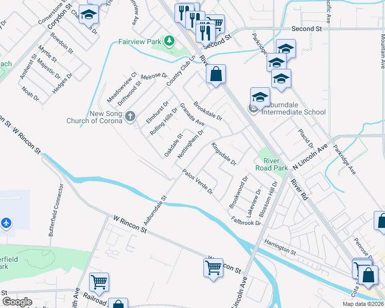 map of restaurants, bars, coffee shops, grocery stores, and more near 936 Auburndale Street in Corona