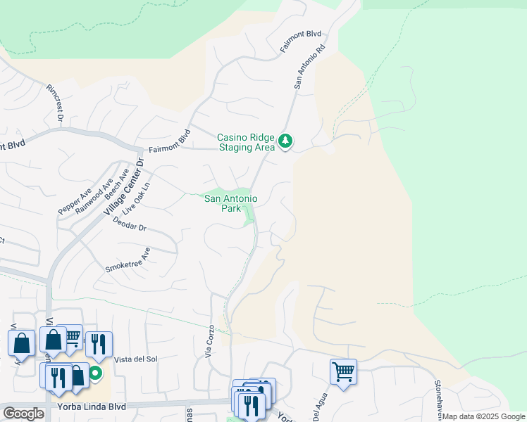 map of restaurants, bars, coffee shops, grocery stores, and more near 21210 Twin Oak in Yorba Linda