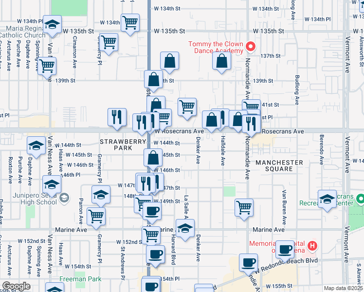 map of restaurants, bars, coffee shops, grocery stores, and more near 1627 West 144th Street in Gardena