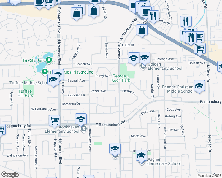 map of restaurants, bars, coffee shops, grocery stores, and more near 2140 Shelley Street in Placentia
