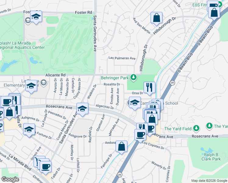 map of restaurants, bars, coffee shops, grocery stores, and more near 15932 Rosalita Drive in La Mirada