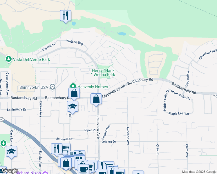 map of restaurants, bars, coffee shops, grocery stores, and more near 6109 Churchill Downs Drive in Yorba Linda