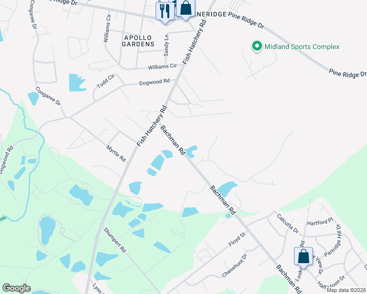 map of restaurants, bars, coffee shops, grocery stores, and more near 4144 Bachman Road in West Columbia