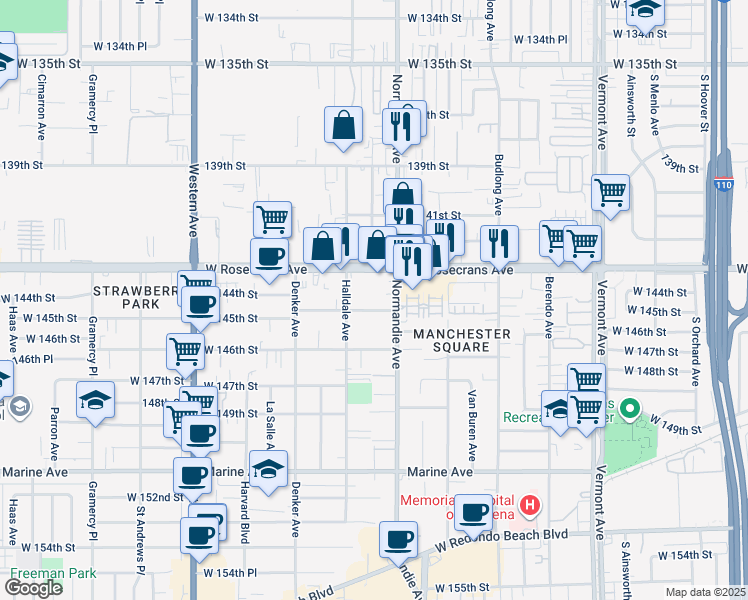 map of restaurants, bars, coffee shops, grocery stores, and more near 1425 West 145th Street in Gardena