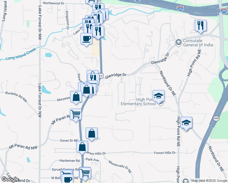 map of restaurants, bars, coffee shops, grocery stores, and more near 5333 Green Hill Place Northeast in Atlanta