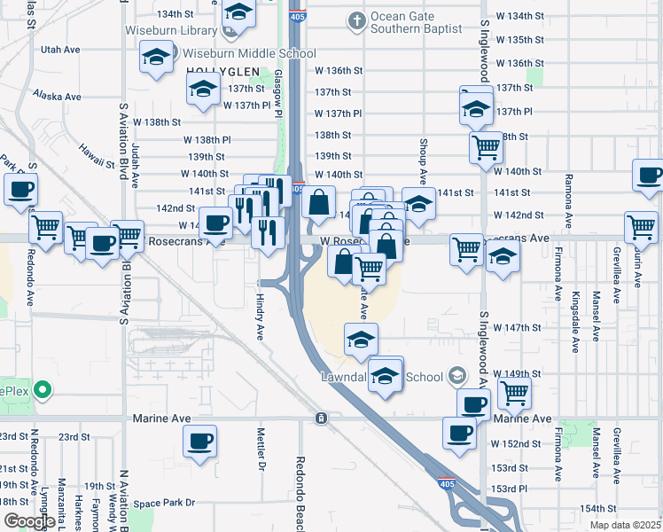 map of restaurants, bars, coffee shops, grocery stores, and more near 5100 Rosecrans Avenue in Hawthorne