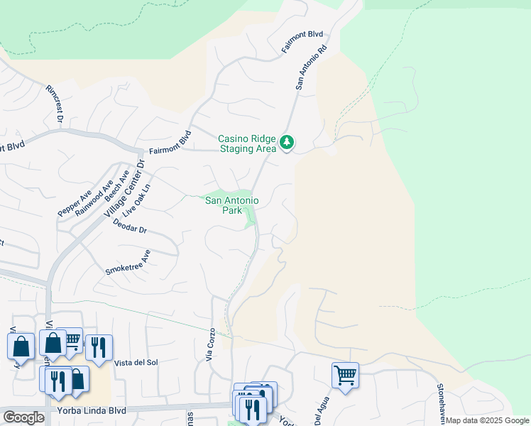 map of restaurants, bars, coffee shops, grocery stores, and more near 21210 Twin Oak in Yorba Linda