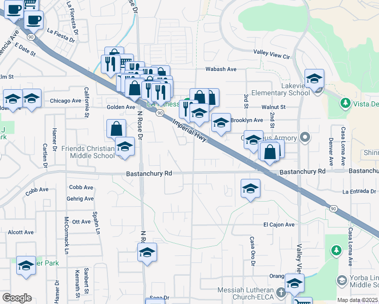 map of restaurants, bars, coffee shops, grocery stores, and more near 4141 Prospect Avenue in Yorba Linda