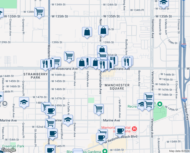 map of restaurants, bars, coffee shops, grocery stores, and more near 1425 West 145th Street in Gardena
