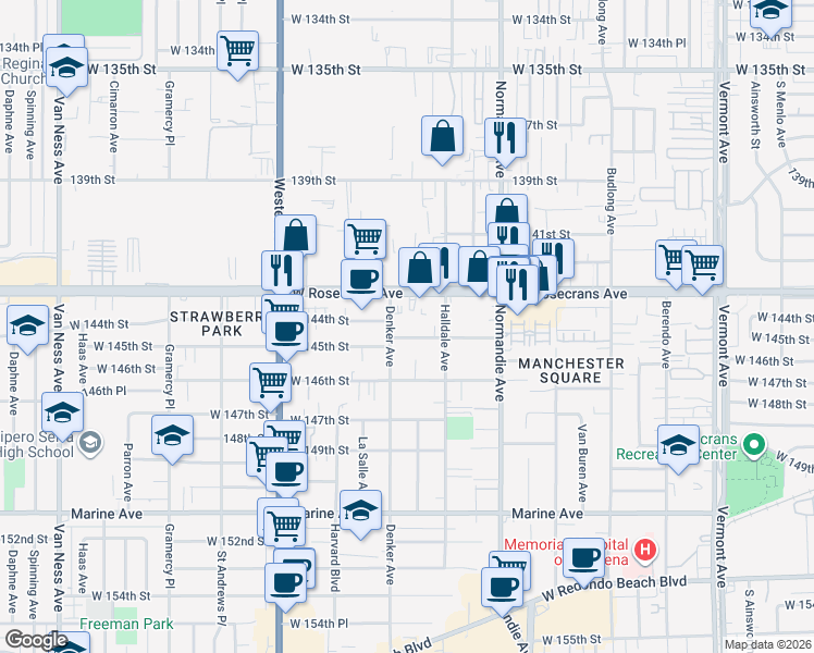 map of restaurants, bars, coffee shops, grocery stores, and more near 1522 Rosecrans Avenue in Gardena