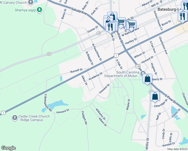 map of restaurants, bars, coffee shops, grocery stores, and more near 108 South Ridgell Street in Batesburg-Leesville