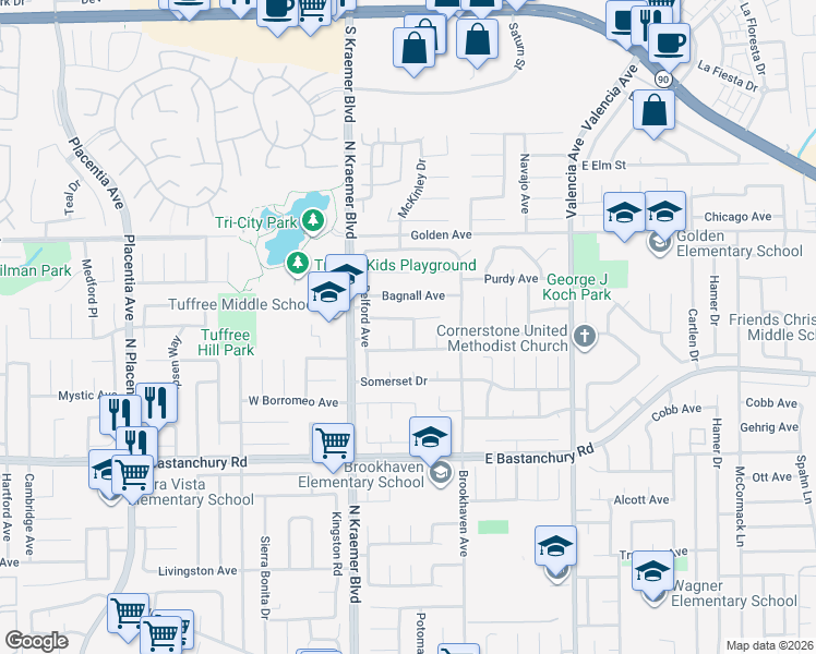 map of restaurants, bars, coffee shops, grocery stores, and more near 242 Garfield Avenue in Placentia