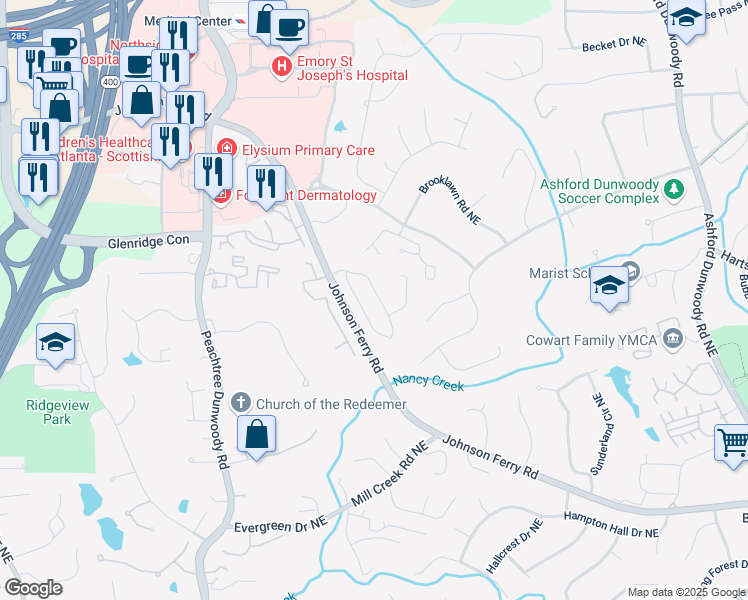 map of restaurants, bars, coffee shops, grocery stores, and more near 1027 Bluffhaven Way Northeast in Atlanta