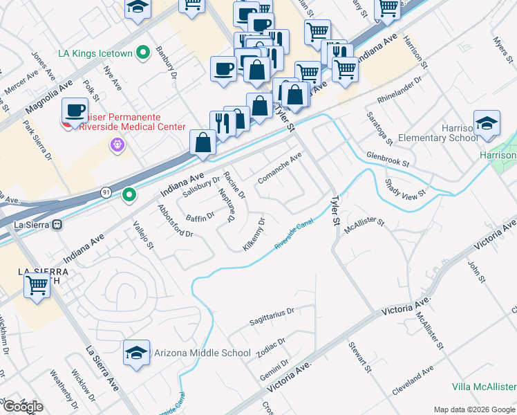map of restaurants, bars, coffee shops, grocery stores, and more near 3245 Nez Perce Trail in Riverside