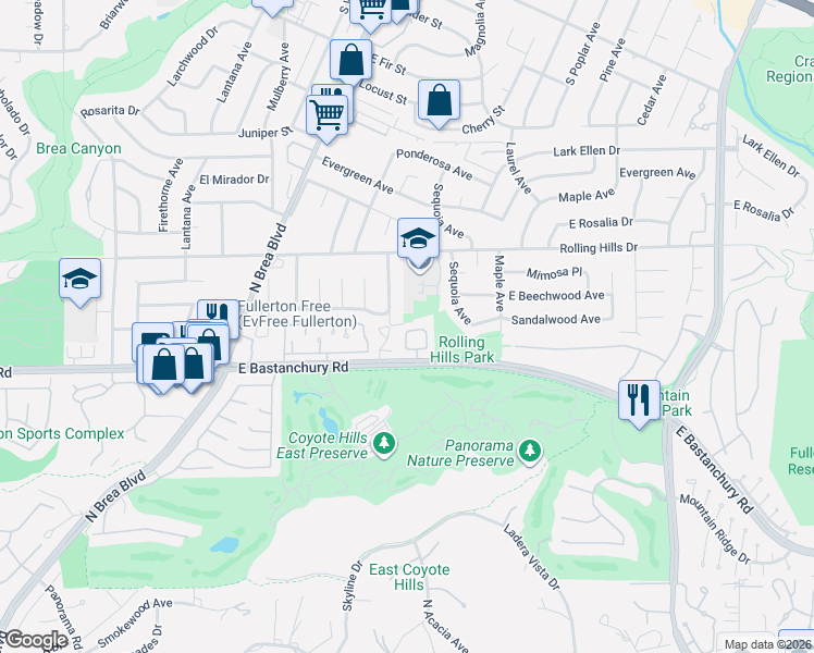 map of restaurants, bars, coffee shops, grocery stores, and more near 1460 Rolling Hills Drive in Fullerton