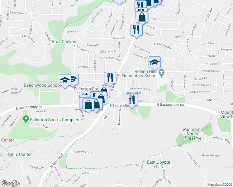 map of restaurants, bars, coffee shops, grocery stores, and more near 2800 Santiago Road in Fullerton