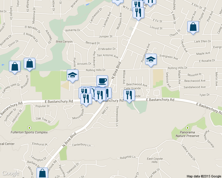 map of restaurants, bars, coffee shops, grocery stores, and more near 2801 North Brea Boulevard in Fullerton