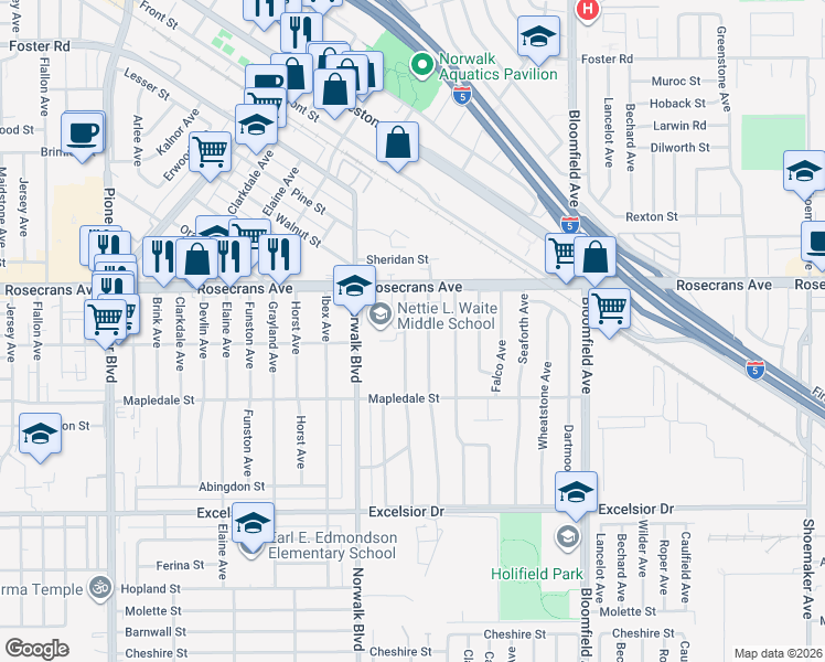 map of restaurants, bars, coffee shops, grocery stores, and more near 14324 Disney Avenue in Norwalk