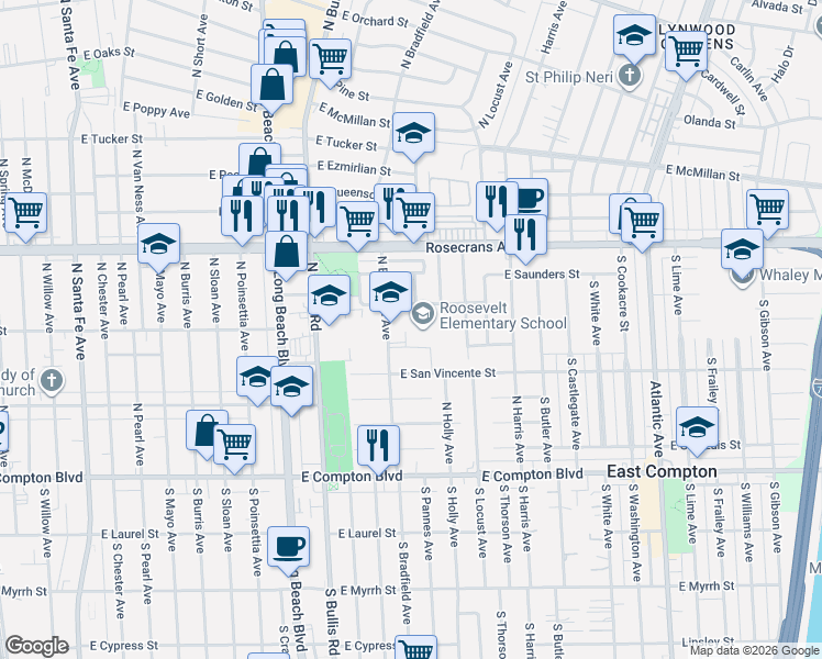 map of restaurants, bars, coffee shops, grocery stores, and more near 1900 East Pixley Street in Compton