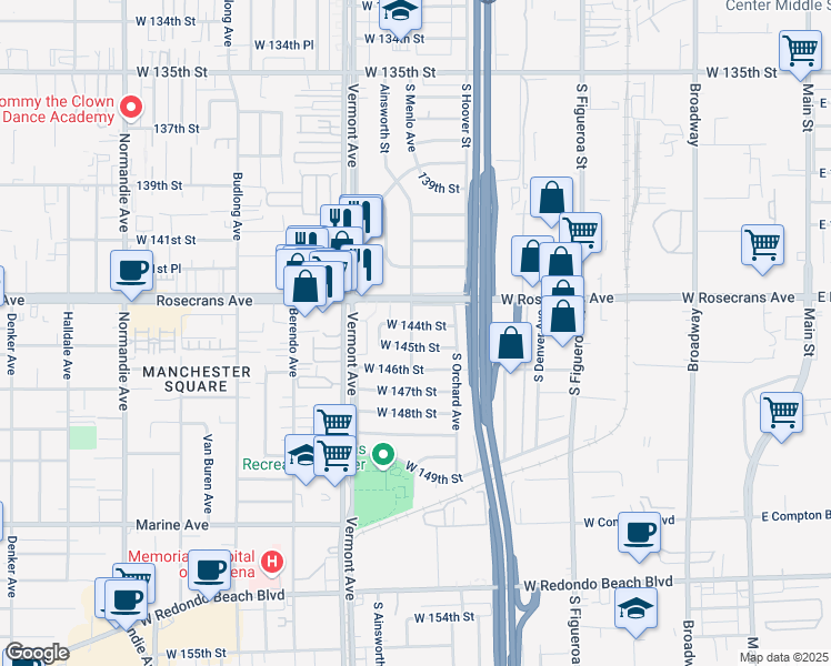 map of restaurants, bars, coffee shops, grocery stores, and more near 718 Rosecrans Avenue in Gardena