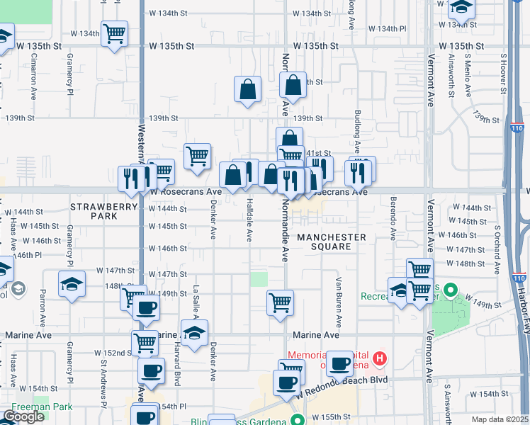 map of restaurants, bars, coffee shops, grocery stores, and more near 1448 Rosecrans Avenue in Gardena