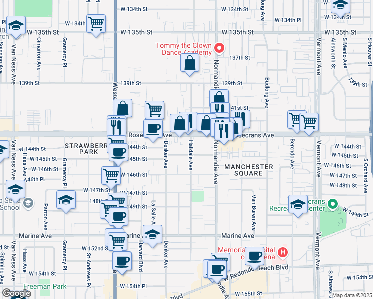 map of restaurants, bars, coffee shops, grocery stores, and more near 1522 Rosecrans Avenue in Gardena