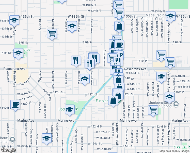 map of restaurants, bars, coffee shops, grocery stores, and more near 14314 Lemoli Avenue in Hawthorne