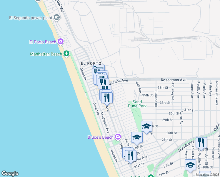 map of restaurants, bars, coffee shops, grocery stores, and more near 426 Rosecrans Avenue in Manhattan Beach