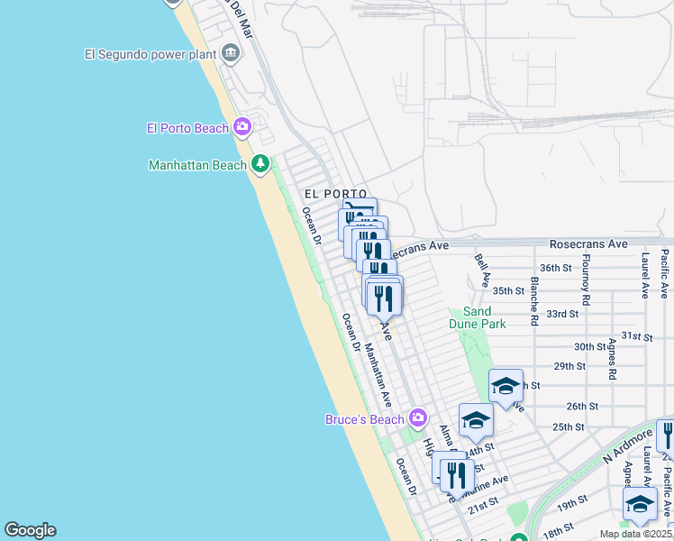 map of restaurants, bars, coffee shops, grocery stores, and more near 205 38th Street in Manhattan Beach