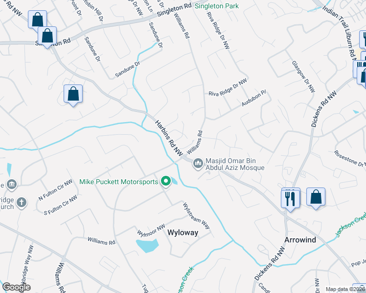map of restaurants, bars, coffee shops, grocery stores, and more near 5411 Williams Road in Norcross