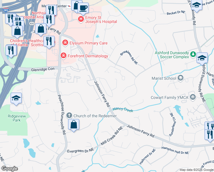 map of restaurants, bars, coffee shops, grocery stores, and more near 1027 Bluffhaven Way Northeast in Atlanta