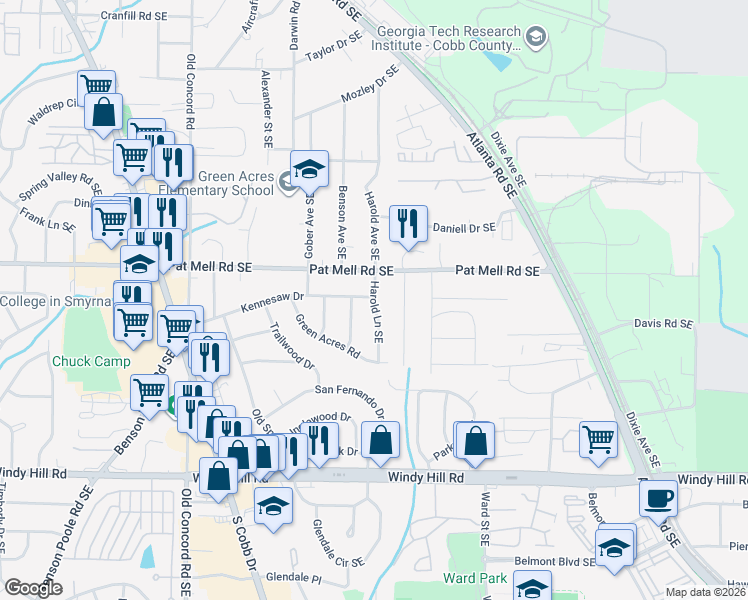map of restaurants, bars, coffee shops, grocery stores, and more near 702 Pat Mell Road Southeast in Smyrna