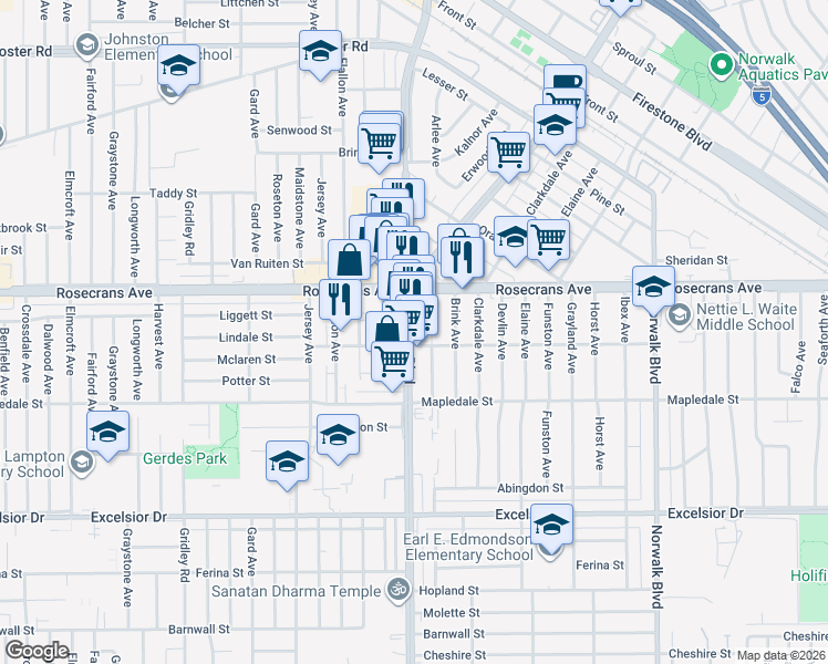 map of restaurants, bars, coffee shops, grocery stores, and more near 14346 Pioneer Boulevard in Norwalk