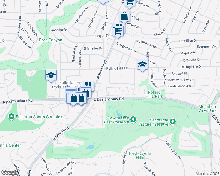 map of restaurants, bars, coffee shops, grocery stores, and more near 1310 Calle Grande in Fullerton