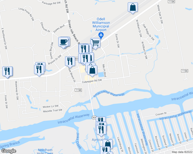 map of restaurants, bars, coffee shops, grocery stores, and more near 1579 Denton Street Southwest in Ocean Isle Beach