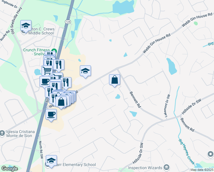 map of restaurants, bars, coffee shops, grocery stores, and more near 1250 Eli Lane in Lawrenceville