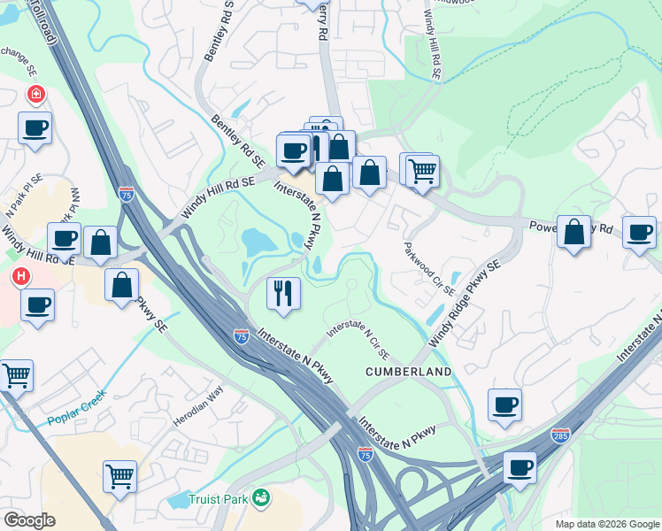 map of restaurants, bars, coffee shops, grocery stores, and more near 150 Interstate North Parkway in Atlanta