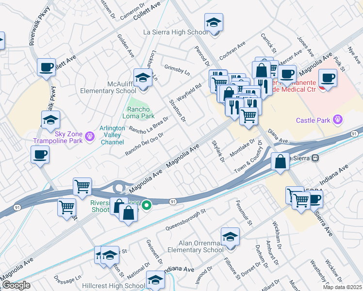 map of restaurants, bars, coffee shops, grocery stores, and more near 11325 Magnolia Avenue in Riverside