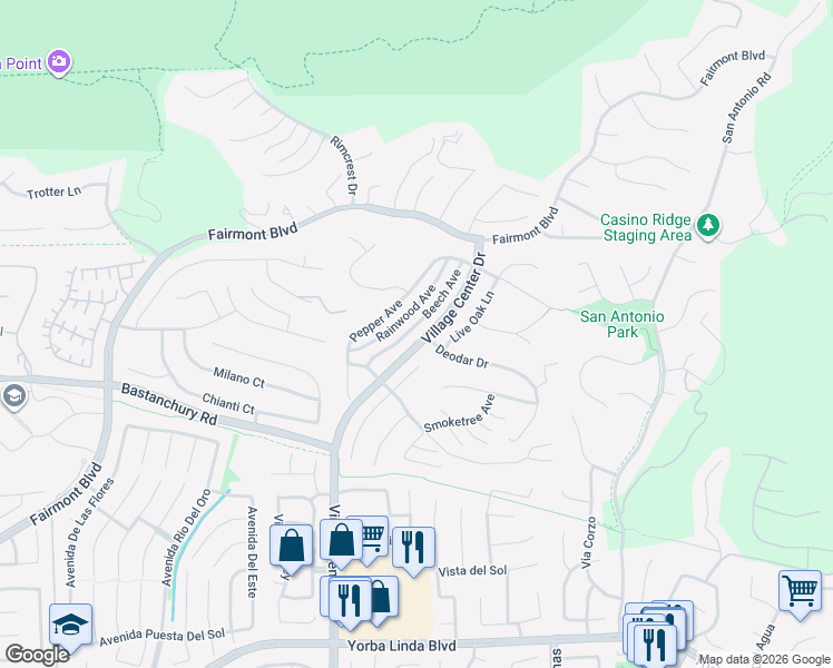 map of restaurants, bars, coffee shops, grocery stores, and more near 4152 Beech Avenue in Yorba Linda