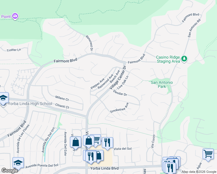 map of restaurants, bars, coffee shops, grocery stores, and more near 4152 Beech Avenue in Yorba Linda