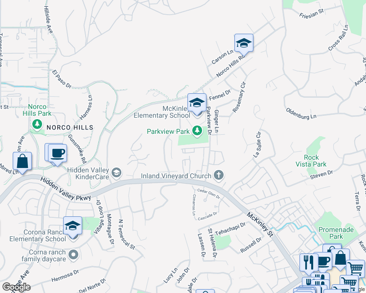 map of restaurants, bars, coffee shops, grocery stores, and more near 1965 Las Colinas Circle in Corona