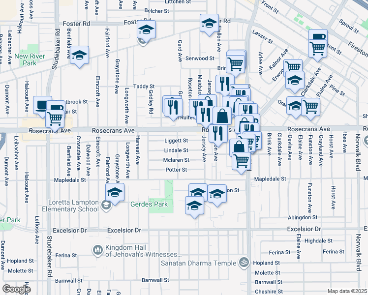 map of restaurants, bars, coffee shops, grocery stores, and more near 11515 Lindale Street in Norwalk