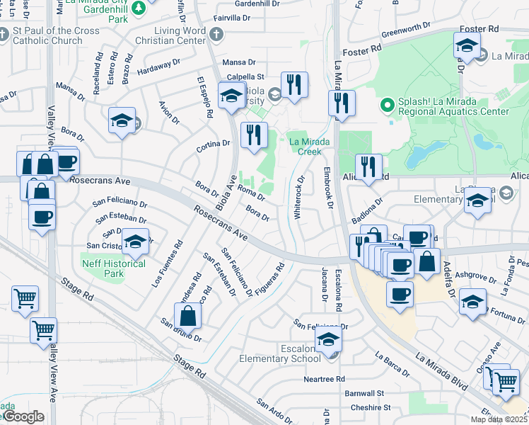 map of restaurants, bars, coffee shops, grocery stores, and more near in La Mirada