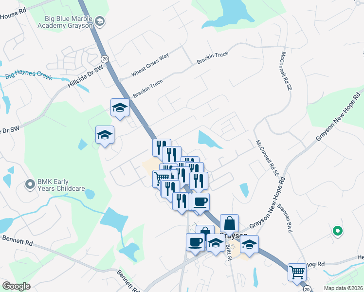 map of restaurants, bars, coffee shops, grocery stores, and more near 425 Clark Lake Estates Drive in Grayson