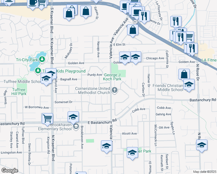 map of restaurants, bars, coffee shops, grocery stores, and more near 2133 Kathryn Way in Placentia